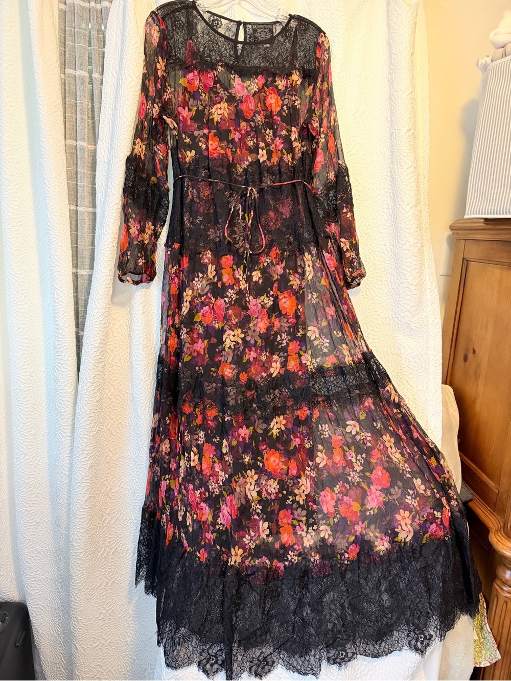 Johnny Was Black Sheer Floral Lace Maxi Dress with Pink & Orange Blooms #elegat
